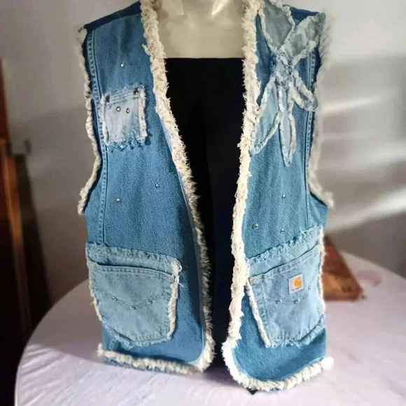 Women's Vintage Fringe Denim Carhaart Patchwork Vest With Metal Deco - Picture 1 of 11